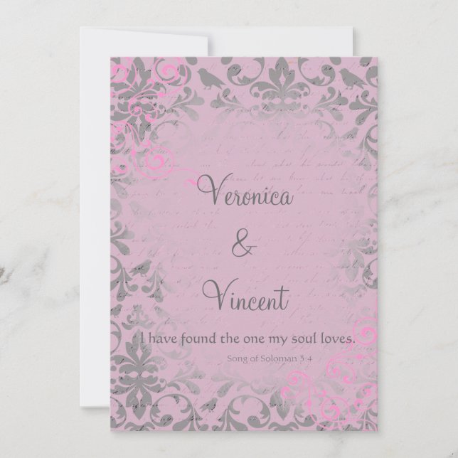 Vintage romantische Hochzeit in Rosa und Grau Einladung (Vorderseite)
