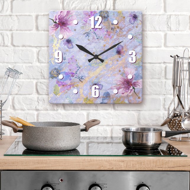 Vintage romantische lila Blütenfarbe Quadratische Wanduhr (Choose from square, round & wood frame options!)