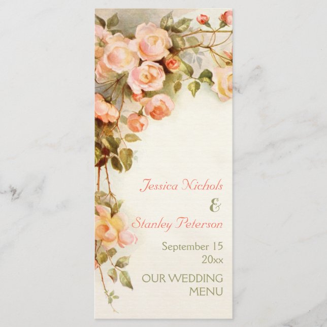 Vintage romantische Malerei von Rose Hochzeitsmenü Menükarte (Vorderseite)