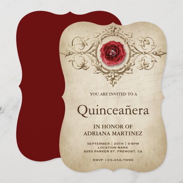 Vintage romantische Rose Blühte Quinceanera Einladung (Vorne/Hinten)