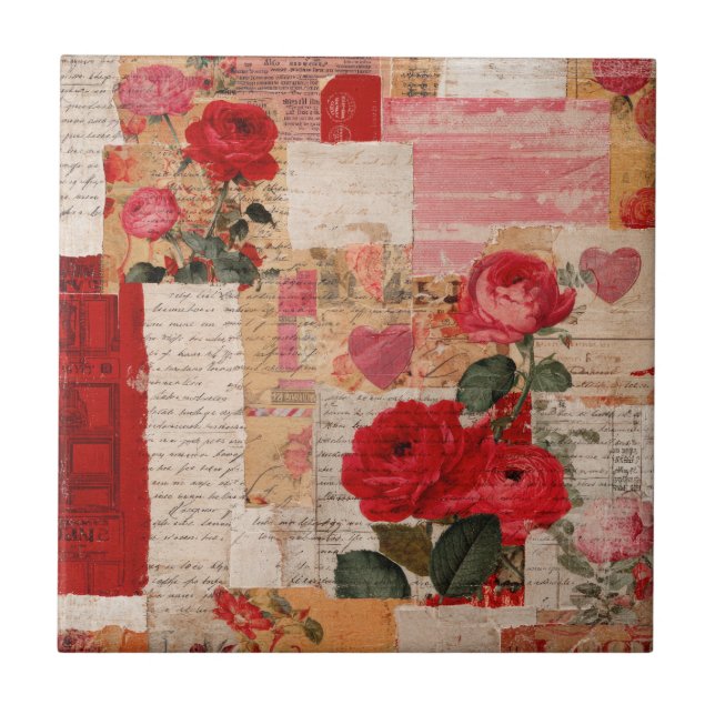Vintage Romantische Rose Collage (6) Fliese (Vorderseite)