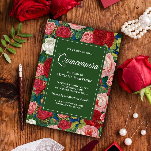 Vintage romantische Rote Rosen Blumenquinceanera Einladung (Von Creator hochgeladen)
