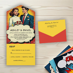 Vintage romantisches Paar im retrocomic-Stil Hochz All In One Einladung