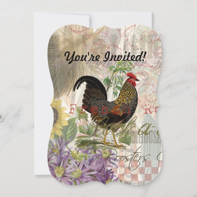 Vintage Rooster French Collage Farm Pet Einladung (Vorderseite)