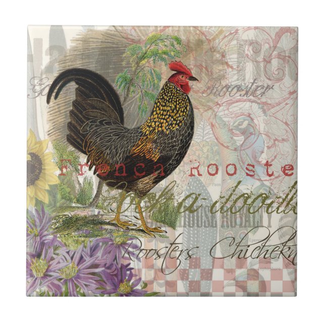 Vintage Rooster French Collage Farm Pet Fliese (Vorderseite)