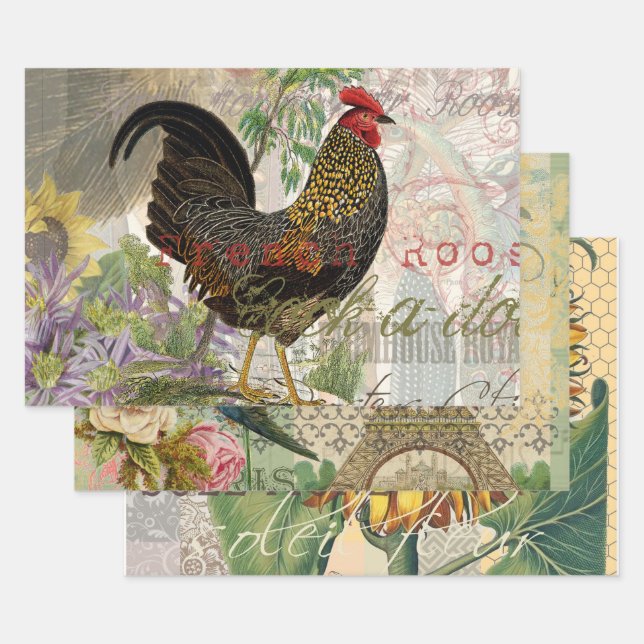 Vintage Rooster French Collage Farm Pet Geschenkpapier Set (Set)