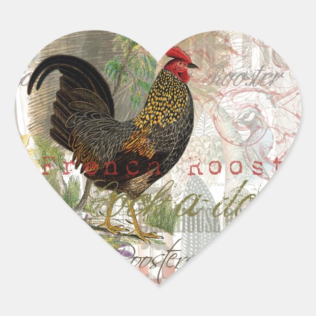 Vintage Rooster French Collage Farm Pet Herz-Aufkleber (Vorderseite)