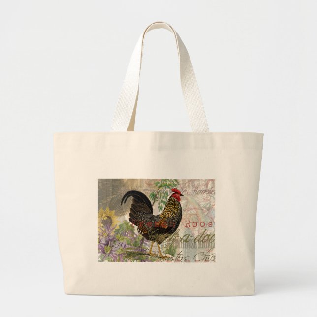 Vintage Rooster French Collage Farm Pet Jumbo Stoffbeutel (Vorne)