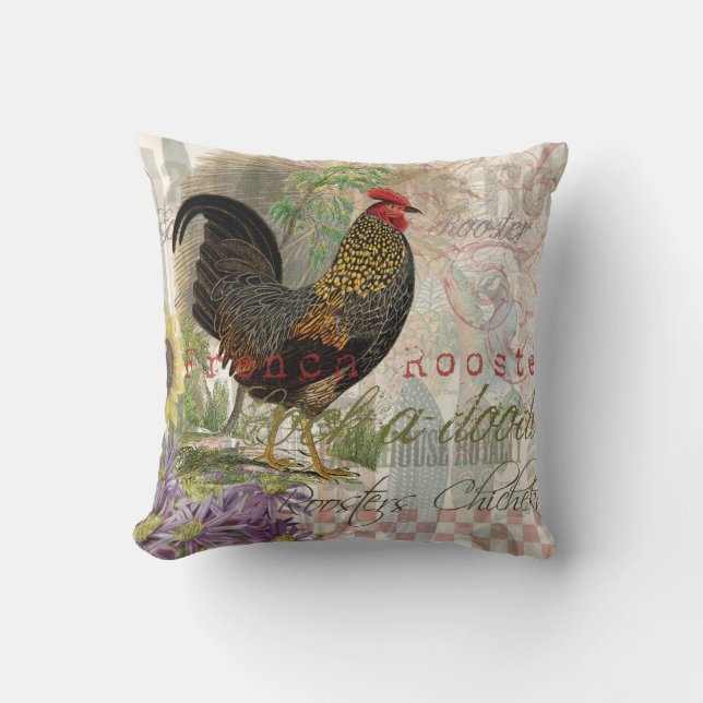 Vintage Rooster French Collage Farm Pet Kissen (Vorderseite)