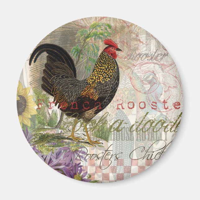 Vintage Rooster French Collage Farm Pet Magnet (Vorne)
