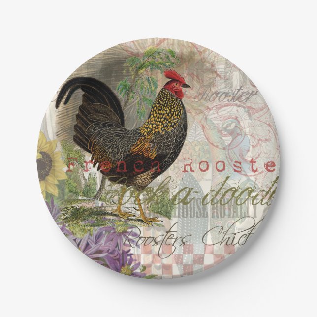 Vintage Rooster French Collage Farm Pet Pappteller (Vorderseite)