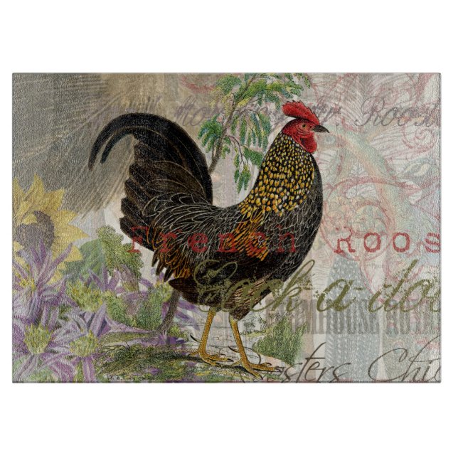 Vintage Rooster French Collage Farm Pet Schneidebrett (Vorderseite)