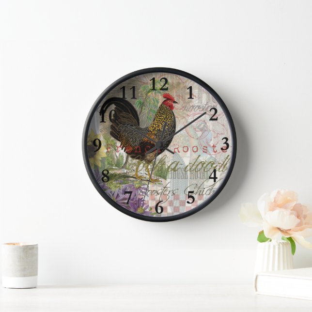 Vintage Rooster French Collage Farm Pet Uhr (Zuhause)
