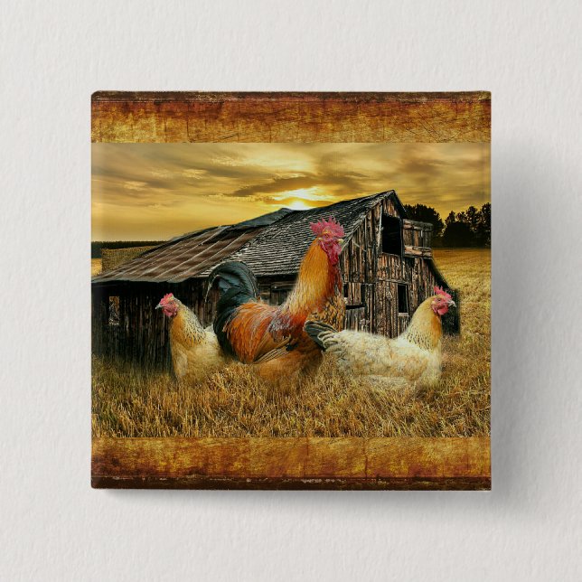 Vintage Rooster-Hühner Rustikaler Barcoop Button (Vorderseite)