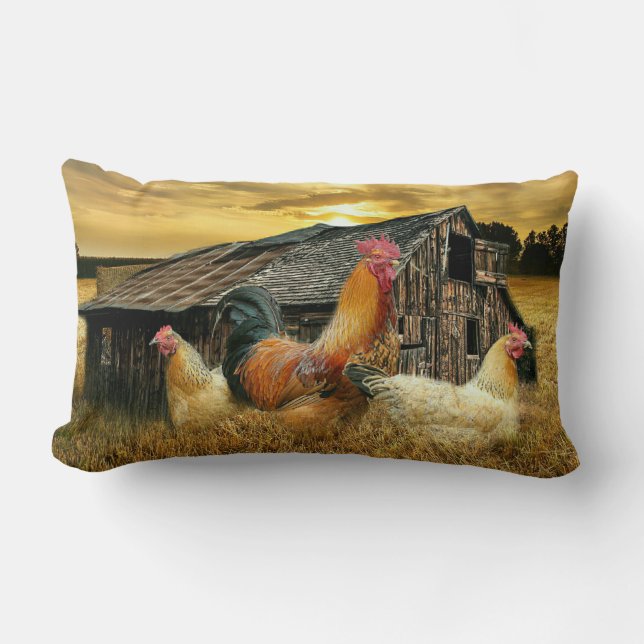 Vintage Rooster-Hühner Rustikaler Barcoop Lendenkissen (Vorderseite)