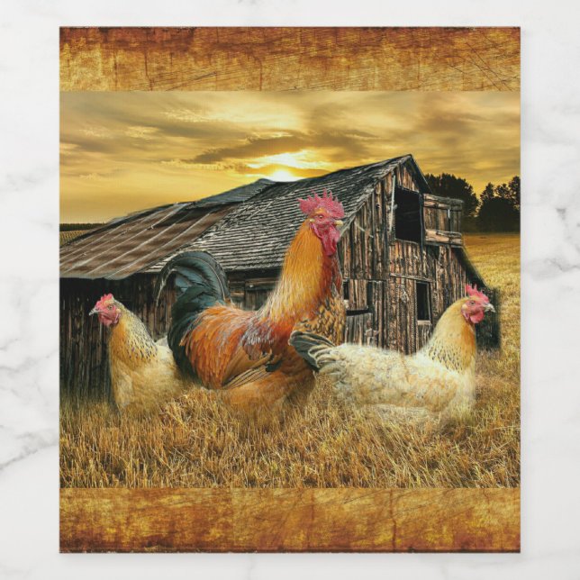 Vintage Rooster-Hühner Rustikaler Barcoop Weinetikett (Einzelnes Label)