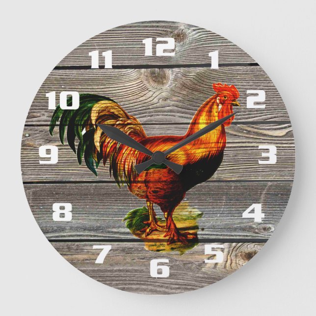 Vintage Rooster Kitchen Große Wanduhr (Vorderseite)