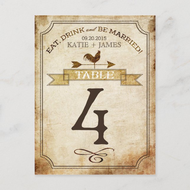 Vintage Rooster-Rustikal-Tischnummer Postkarte (Vorderseite)