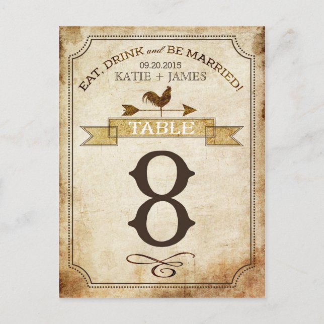 Vintage Rooster-Rustikal-Tischnummer Postkarte (Vorderseite)