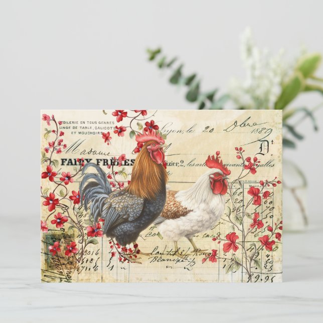 Vintage Rooster und Hen Ephemera Decoupage Einladung (Stehend Vorderseite)
