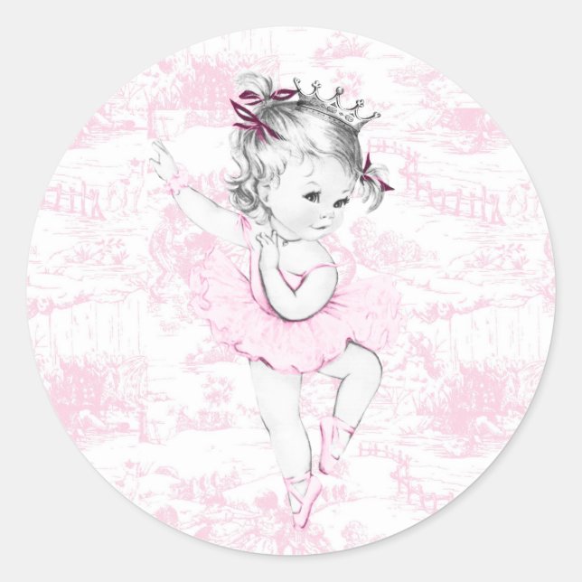 Vintage Rosa Ballerina Princess Kinderdusche Runder Aufkleber (Vorderseite)