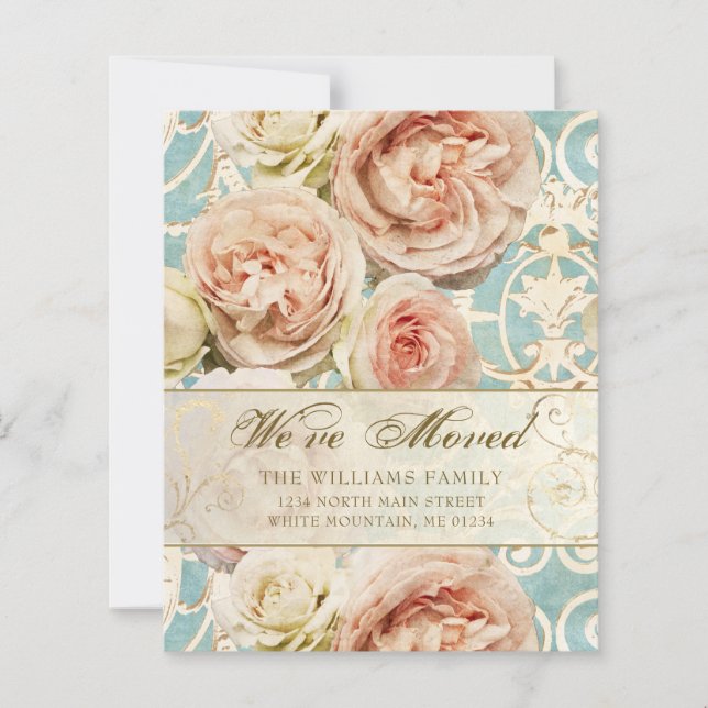 Vintage Rosa Blau Damaske Moving Card (Vorderseite)