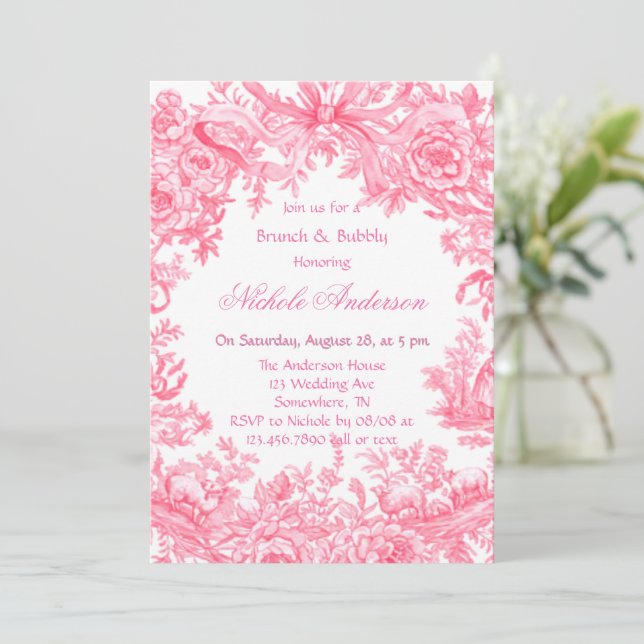 Vintage rosa Blume Brunch & Bubbly Einladung (Stehend Vorderseite)