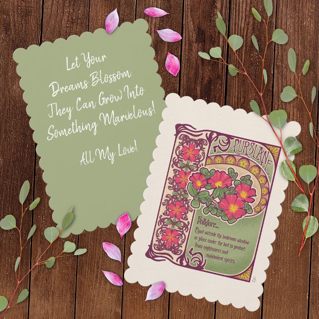 Vintage rosa Blume Ermutigung und Traumkarte (Vintage Pink Flower Encouragement and Dreams Card - Sage Green with Scalloped Edges)