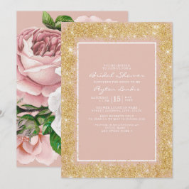 Vintage rosa Blume Gold Glitzer Brautparty Einladung