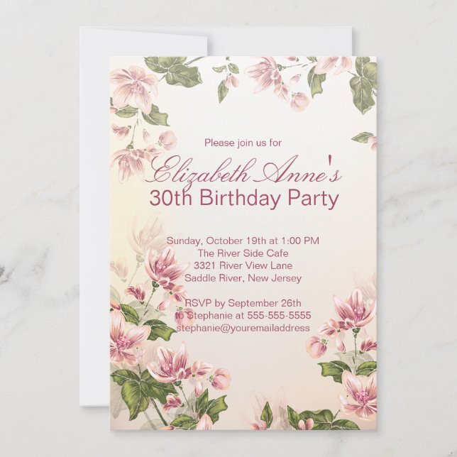 Vintage rosa Blumen-Blumengeburtstags-Party Einladung (Vorderseite)