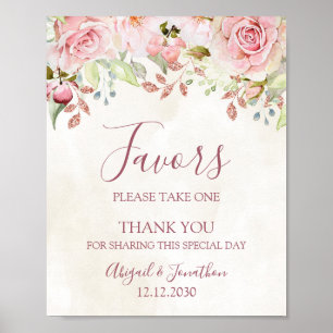 Vintage-Rosa-Blumen-Hochzeitsgunst-Beachten-Schild Poster