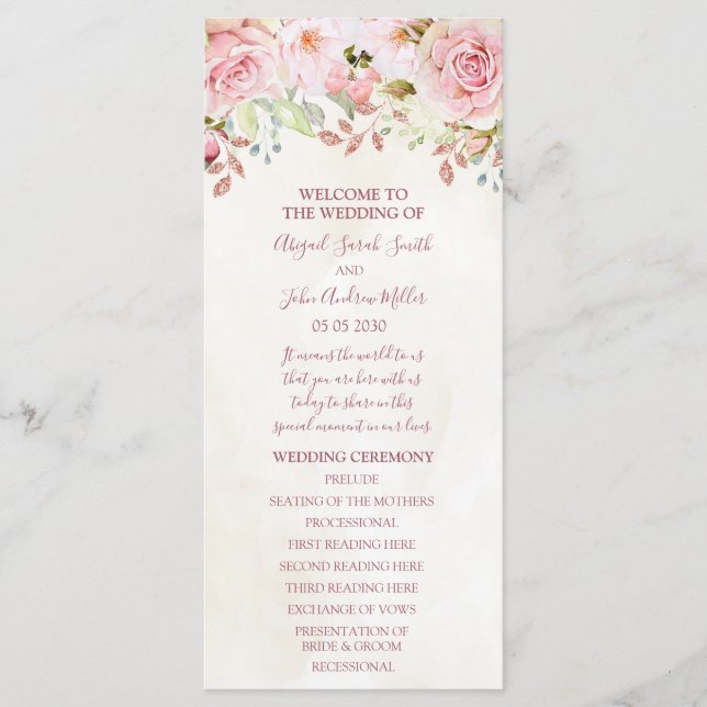 Vintage-Rosa-Blumen-Hochzeitsprogramm Frühling Programm (Vorderseite)