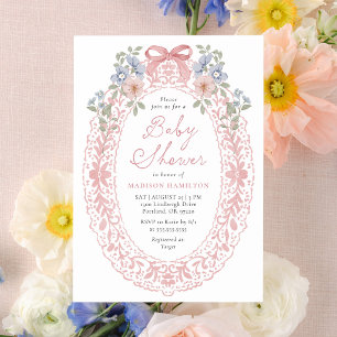 Vintage rosa Blumen-Schleifen-Baby-Party Einladung