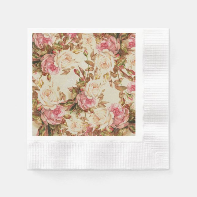 Vintage, rosa, braune Rose Blumenmuster Serviette (Vorderseite)