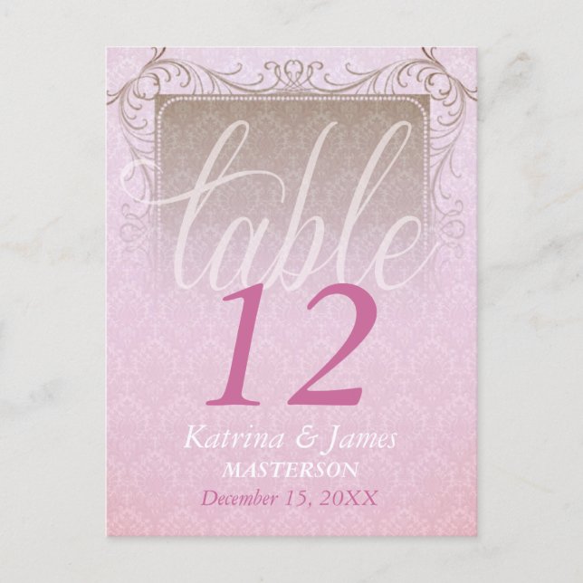 Vintage Rosa Damask Dream Wedding Tischnummer (Vorderseite)