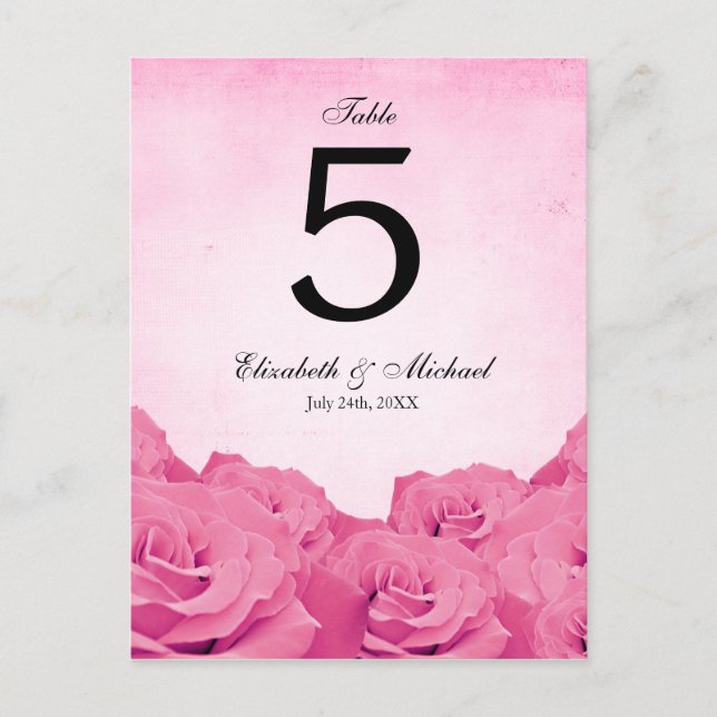 Vintage Rosa-Hochzeit-Tischnummer Postkarte (Vorderseite)