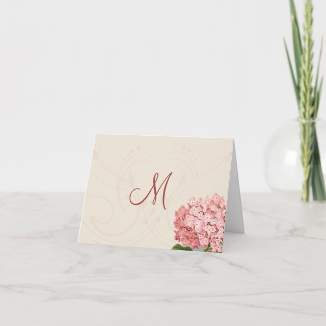Vintage Rosa-Hydrangea-Monogramm-Mitteilungskarten (Vorderseite)