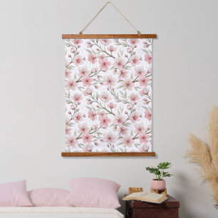 Vintage rosa Kirschblüten weißes Blumenmuster Wandteppich Mit Holzrahmen