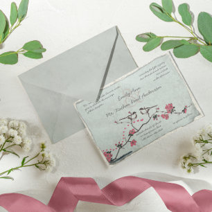 Vintage-Rosa-Liebesvogel-Kirschblüten-Hochzeit Einladung