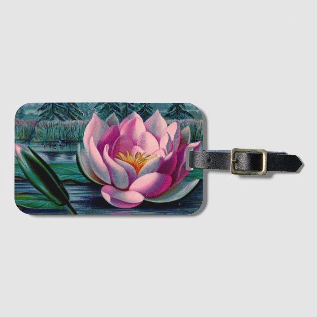 Vintage Rosa Lotus-Blume Gepäckanhänger (Vorderseite (Horizontal))