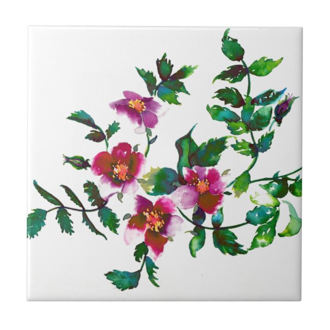 Vintage rosa Magenta-Rose, Aquarellrosa Rosen Fliese (Vorderseite)