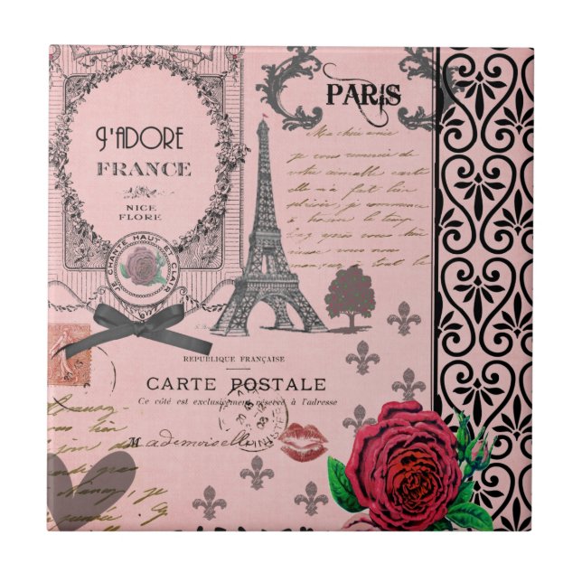 Vintage rosa Paris-Collage Fliese (Vorderseite)