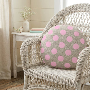 Vintage rosa Polka-Punkte auf Burlap Rundes Kissen