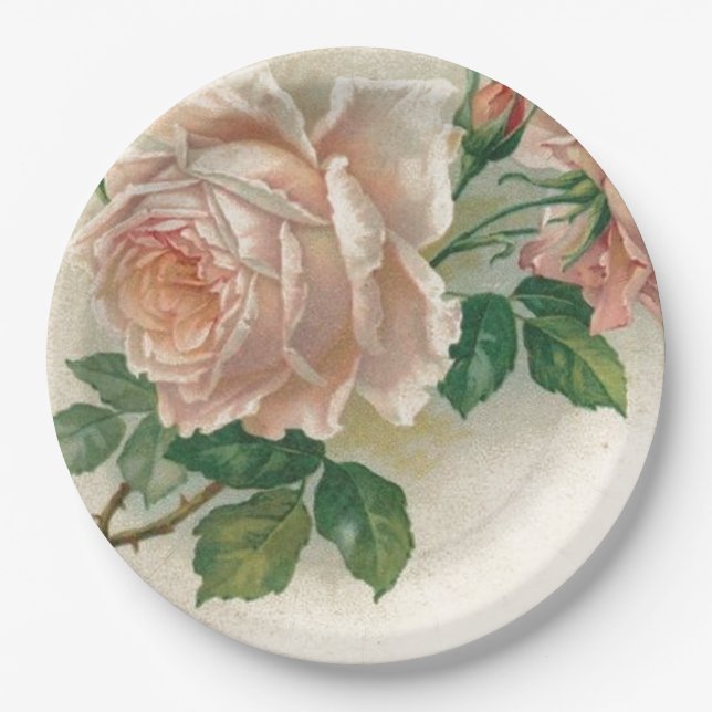 Vintage rosa Rose Pappteller (Vorderseite)