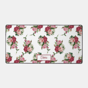 Vintage-Rosa-Rosen mit Namen-weißem Hintergrund Schreibtischunterlage