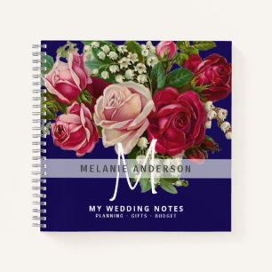 Vintage rosa Rosen Monogram Hochzeitsplanungsbrill Notizbuch