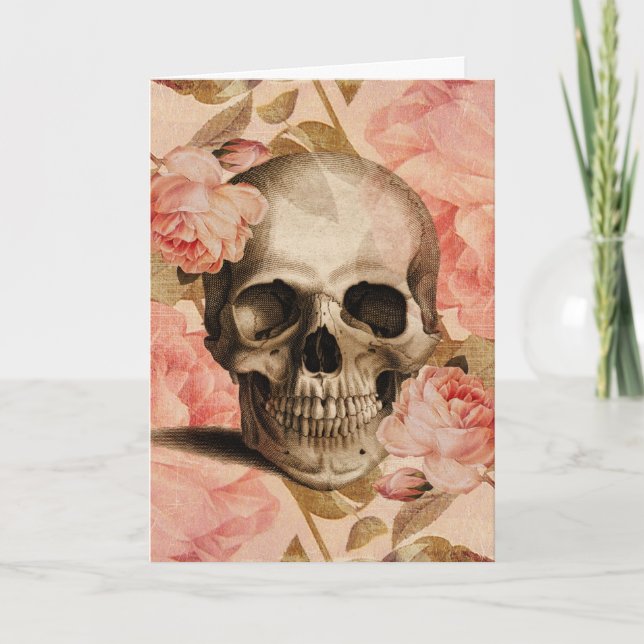 Vintage Rosa-Schädel-Collage Karte (Vorderseite)