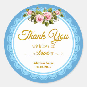 Vintage rosa Shabby Chic Rosen und Blau Danke Runder Aufkleber