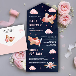 Vintage Rosa Süße Flugzeuge Navy Blau Baby Shower All In One Einladung