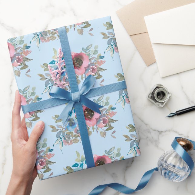 Vintage rosa und blaue Rose Geschenkpapier (Schenken)